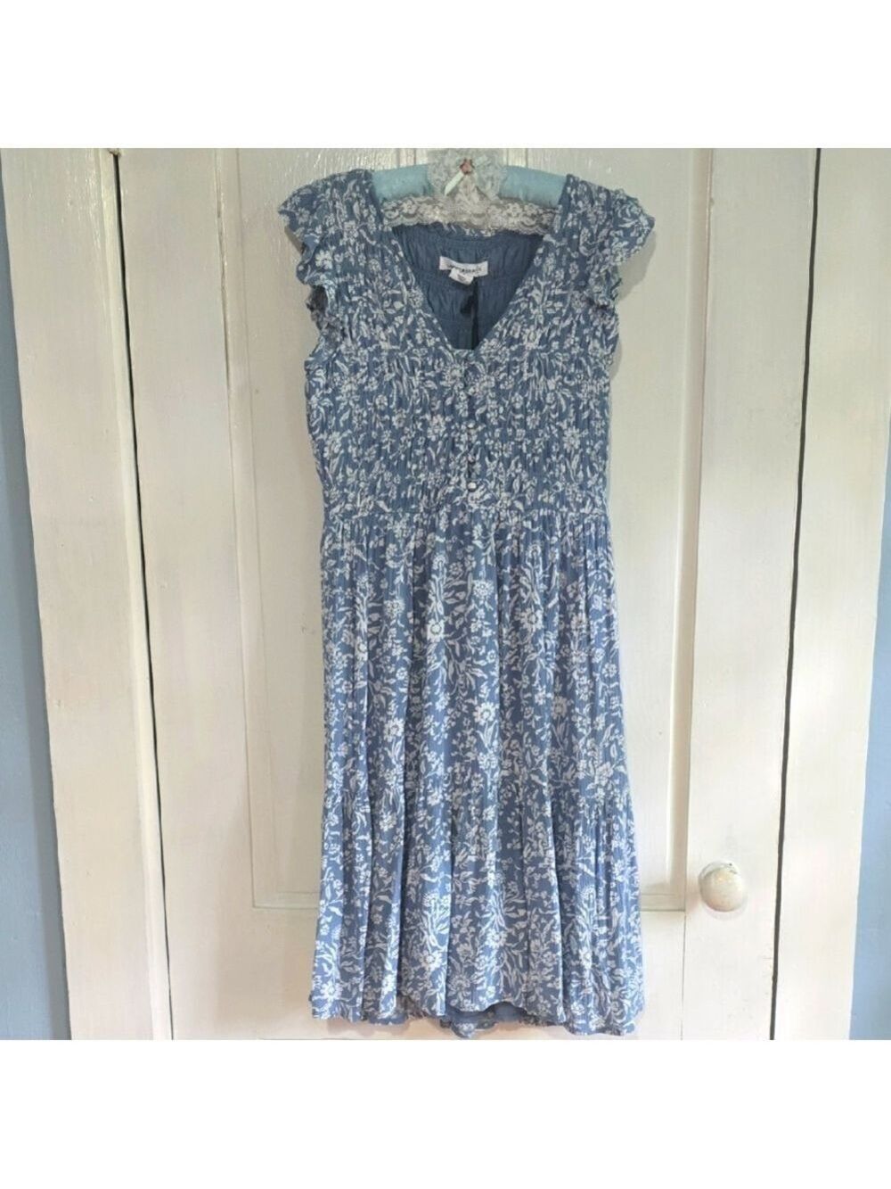 Lucky Brand Blue Floral Flirty Flutter Sleeve Shirred Bust Midi Dress